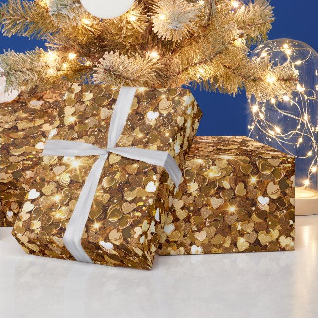 Papel De Presente Dourado Glitz Glam Sparkle Hearts (Feriados)