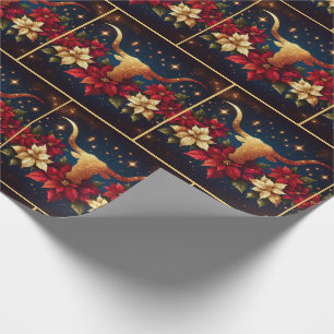 Papel De Presente Dourado Longhorn Steer com Poinsettias Natal
