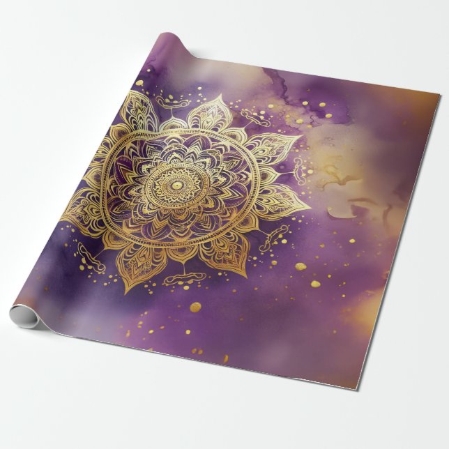 Papel De Presente Dourado Mandala na Decoupage Purple Watercolor (Desenrolado)