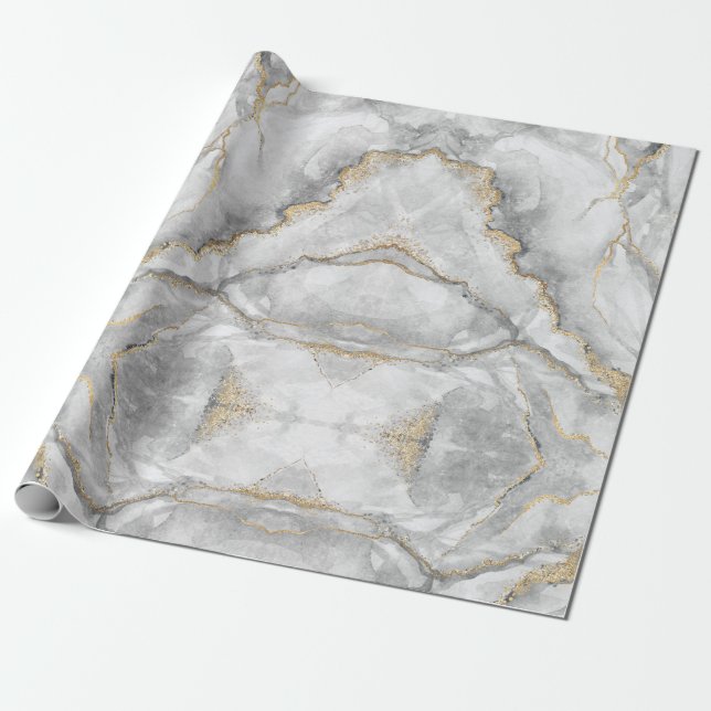 Papel De Presente Dourado Marble White Silver Bonito (Desenrolado)