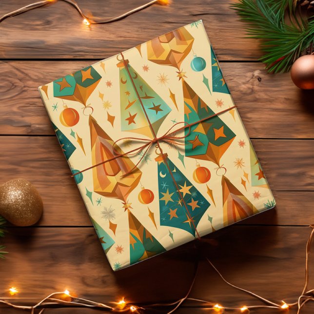 Papel De Presente Dourado Meio século de Cobre Moderno no Natal (Vintage retro mid century modern christmas wrapping paper in warm golds, coppers, and teals.)