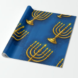 Papel De Presente Dourado Menorah no Antro Azul Esparso Hanukkah