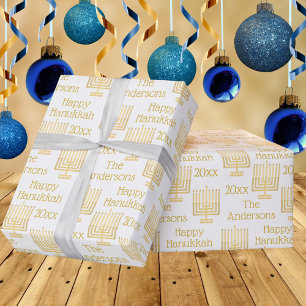 Papel De Presente Dourado Menorah no Chic Hanukkah Branco Personaliz