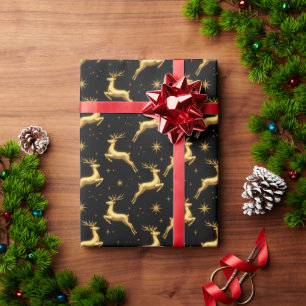 Papel De Presente Dourado Metálico e Rena e Estrelas Pretas