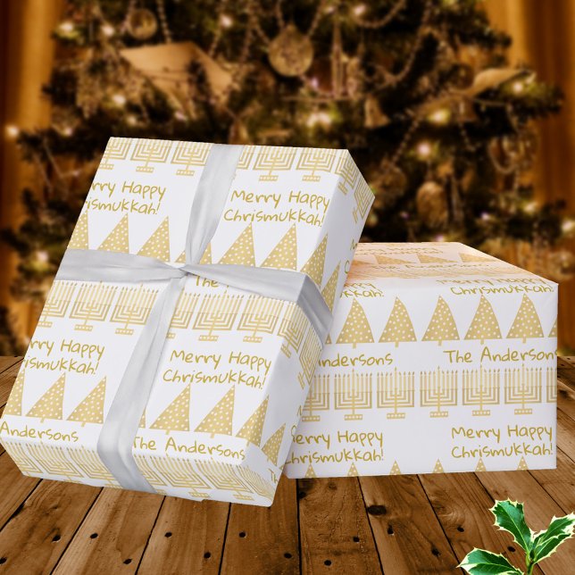 Papel De Presente Dourado na Feliz Branca Feliz Feriado Chrismukkah (Add a name for personalized wrapping paper - celebrate Christmas & Hanukkah for inter-faith families)