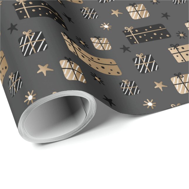 Papel De Presente Dourado Natal e Molho Preto do Elegante Scandi (Ponta do rolo)