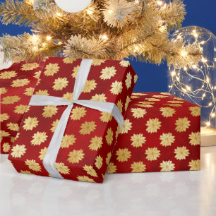 Papel De Presente Dourado Natal Poinsettias em Vermelho