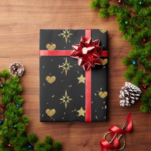 Papel De Presente Dourado Natal Stars Dourados Corações em Padrões P