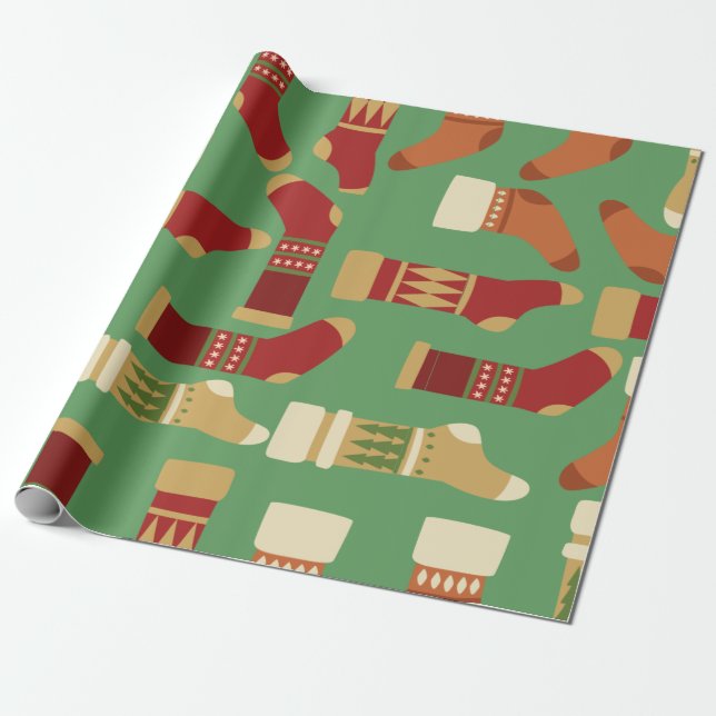 Papel De Presente Dourado Natal, Vermelho, Meias Verdes (Desenrolado)