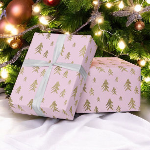 Papel De Presente Dourado padrão de natal das árvores cor-de-rosa