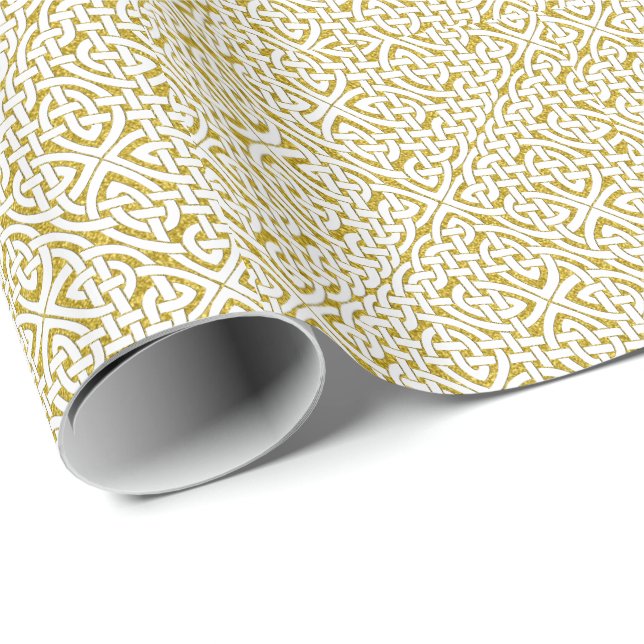 Papel De Presente Dourado padrão de nó branco-celta (Ponta do rolo)