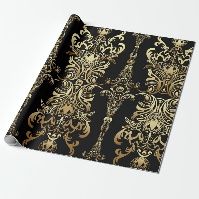 Papel De Presente Dourado padrão floral úmido uniforme com arabesque (Desenrolado)