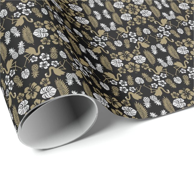 Papel De Presente Dourado padrão tropical floral (Ponta do rolo)