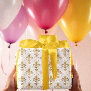 Papel De Presente Dourado padrão uniforme de pulgas-de-lis em branco