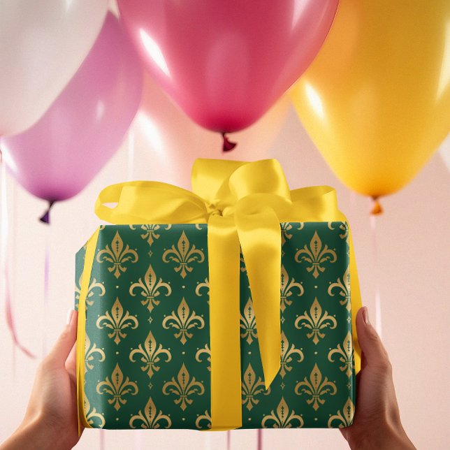 Papel De Presente Dourado padrão uniforme de pulgas-de-lis em verde (Criador carregado)
