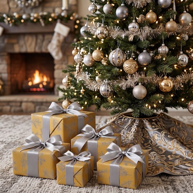 Papel De Presente Dourado Prata Cinza Botânico Chic Natal (Criador carregado)