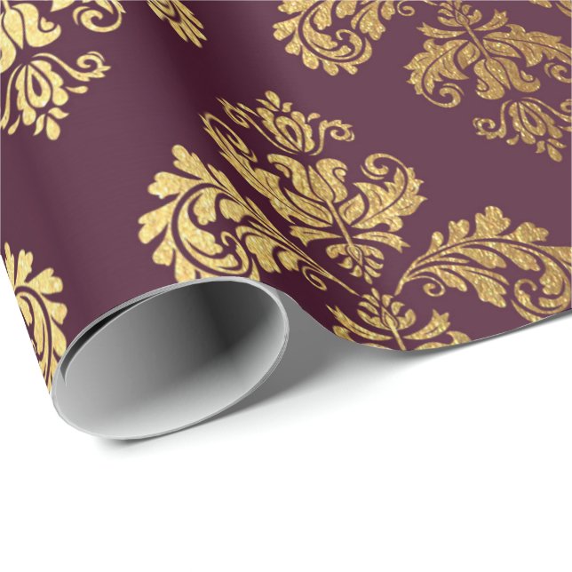 Papel De Presente Dourado Real Damasco Ornamento Floral Burgundy Bar (Ponta do rolo)