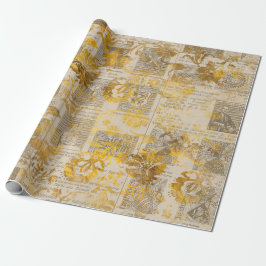 Papel De Presente Dourado Rolagem Floral e Vintage Newsprint