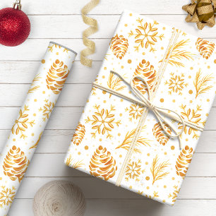 Papel De Presente Dourado Rústico de Pinha Natal