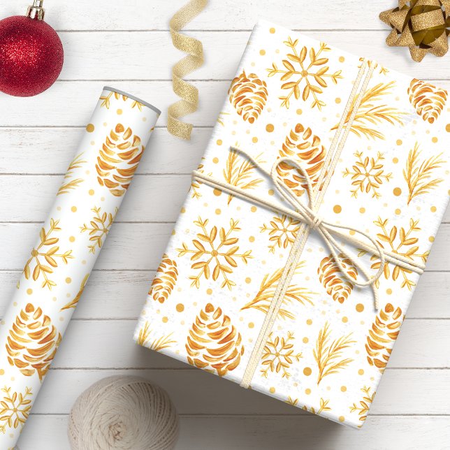 Papel De Presente Dourado Rústico de Pinha Natal (Criador carregado)