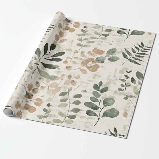 Papel De Presente Dourado Rústico e Folhas Verdes sobre Creme (Desenrolado)