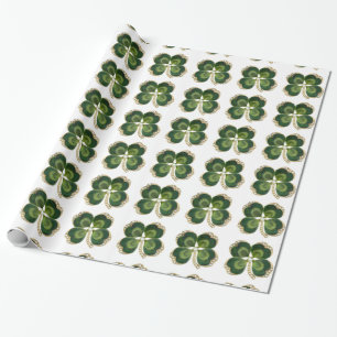 Papel De Presente Dourado Saint Patrick Shamrock Jewel com Pérolas