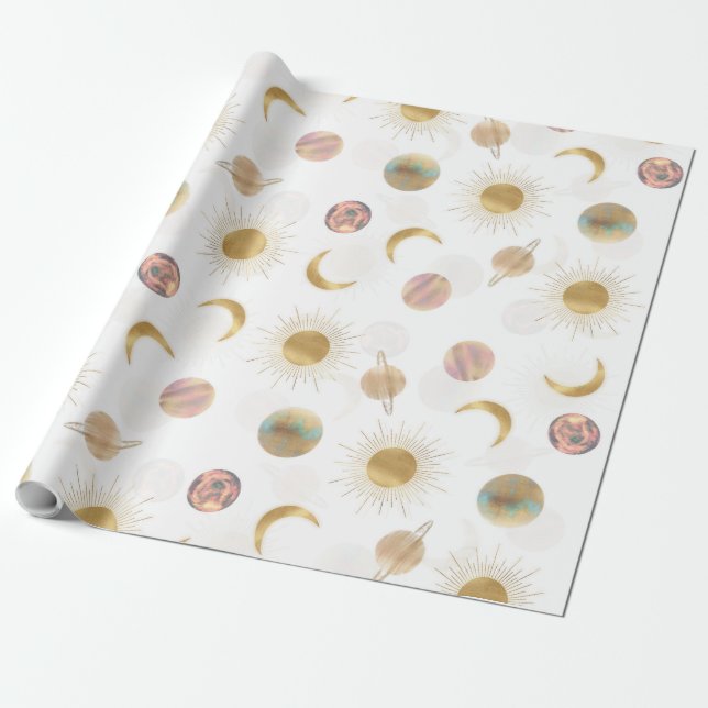 Papel De Presente Dourado Sun Moon Planets Space Ilustração Branca (Desenrolado)
