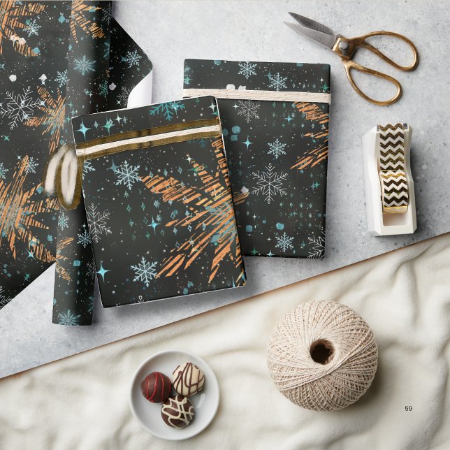 Papel De Presente Dourado Teal Snowflake Papel de enrolamento de Nat (Gold Teal Snowflake Christmas Wrapping paper)