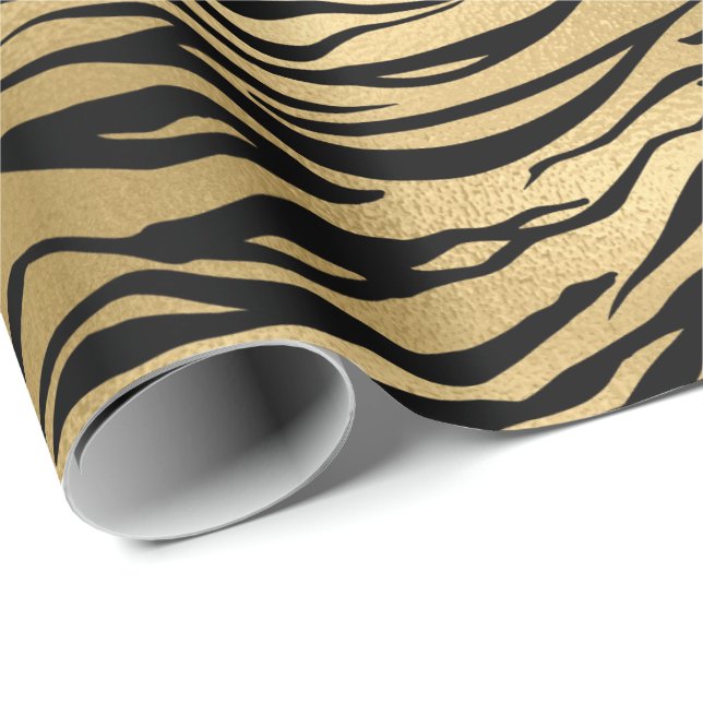 Papel De Presente Dourado Tigre Preto Metálico Glama Elegante De Pel (Ponta do rolo)
