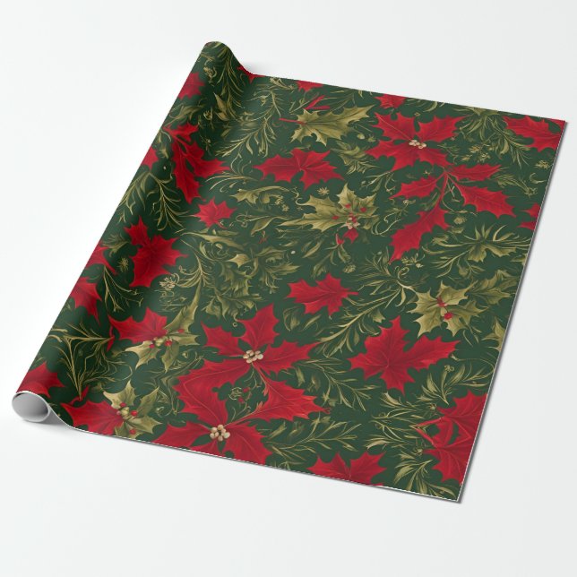 Papel De Presente Dourado Verde e vermelho Natal Holly Flower (Desenrolado)