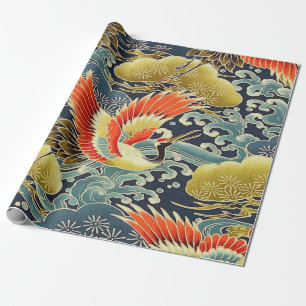 Papel De Presente Dourado Vermelho Azul Japonês Kimono Floral Decoup