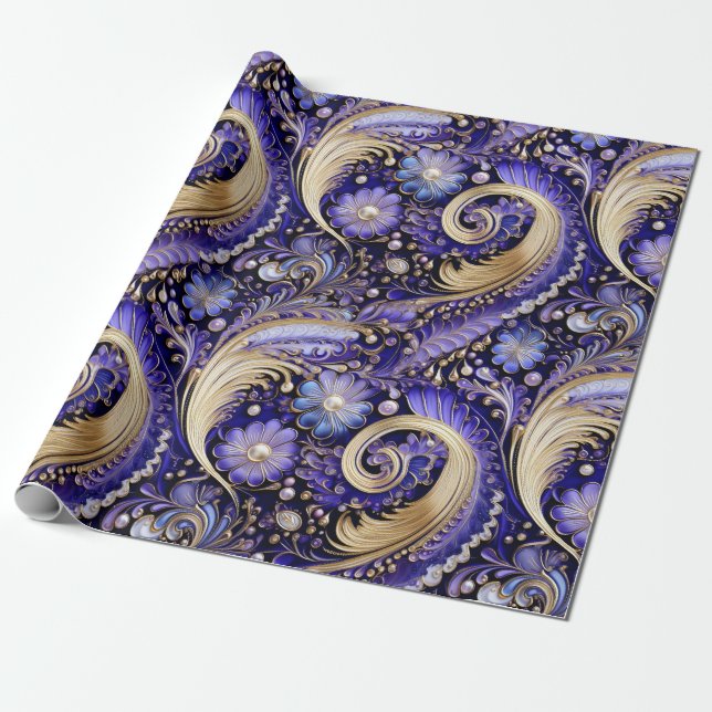 Papel De Presente Dourado/Violet/Paisley (Desenrolado)