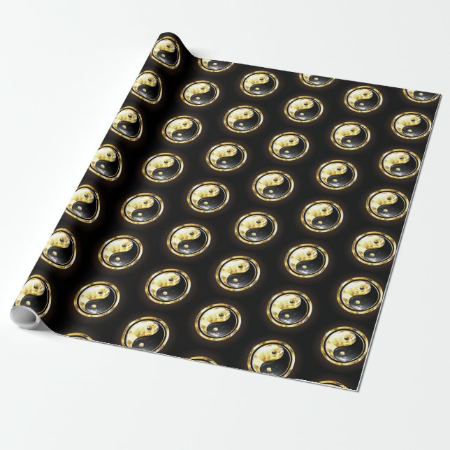 Papel De Presente Dourado Yin Yang a preto (Desenrolado)