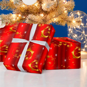 Papel De Presente Dourados picos e estrelas Natal vermelho