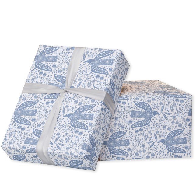Papel De Presente Dove Bird Blue (Peace dove blue and white bird  folk art gift wrapping paper roll)