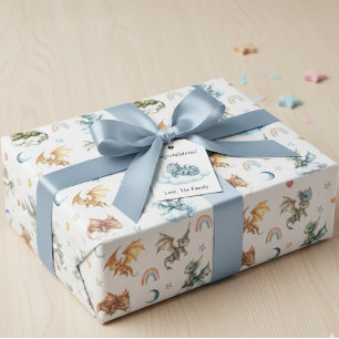 Papel De Presente Dragão Bebê Fofo Aquarela Nuvens Noite