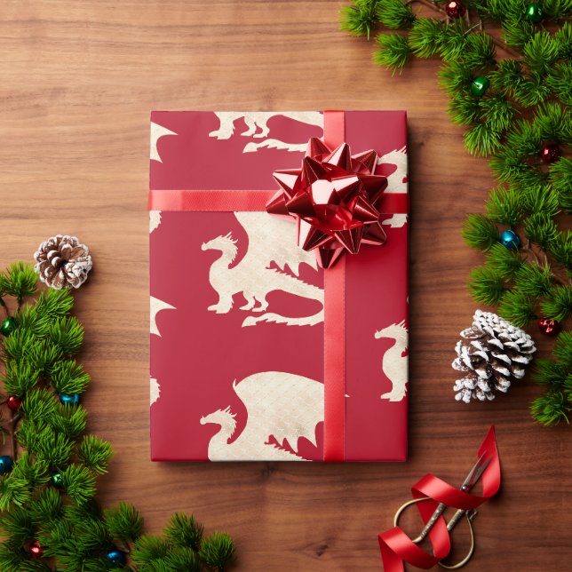 Papel De Presente Dragão Dourado em Vermelho Escuro (Presente de Natal)