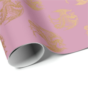 Papel De Presente Dragão Dourado Fenix do rosa da princesa rosa