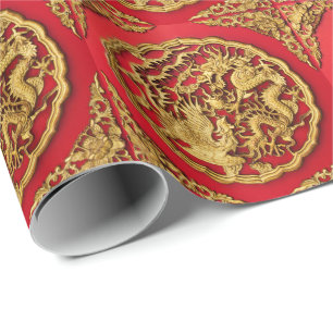 Papel De Presente Dragão Fênix Vermelho Dourado Casamento Chinês