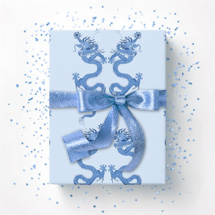 Papel De Presente Dragão Imperial em Porcelana Azul