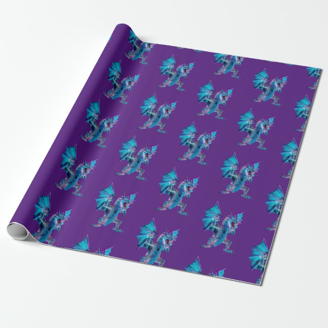 Papel De Presente Dragão Magico Chama Azul com Fundo Roxo (Desenrolado)
