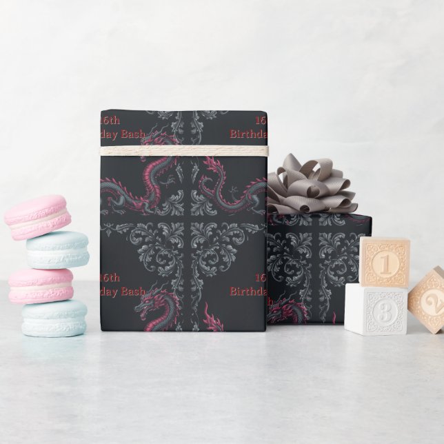 Papel De Presente Dragão Preto Caprichoso em Damask Vermelho Festa d (Chá de bebê)
