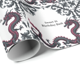 Papel De Presente Dragão Preto Caprichoso em Damask Vermelho Festa d