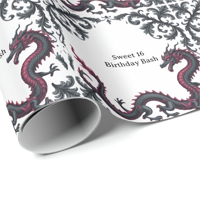 Papel De Presente Dragão Preto Caprichoso em Damask Vermelho Festa d (Ponta do rolo)