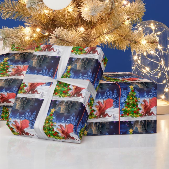 Papel De Presente Dragão puxando na árvore de Natal (Feriados)