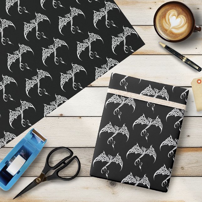 Papel De Presente Dragão Tribal Celta Preto Branco (Criador carregado)