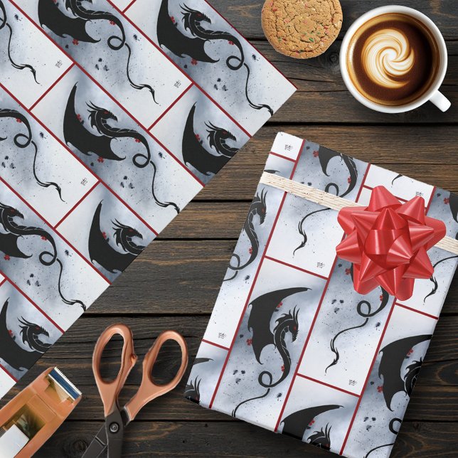 Papel De Presente Dragão Tribal Preto Ousado Flores Vermelhas Azuis (Criador carregado)