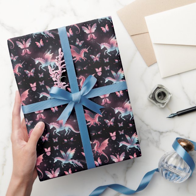 Papel De Presente Dragão Unicórnio Rosa Mistura (Presentear)