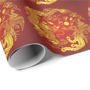 Papel De Presente Dragão Vermelho Dourado Fênix Favor de Casamento C