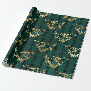 Papel De Presente Dragões Dourados em Verde